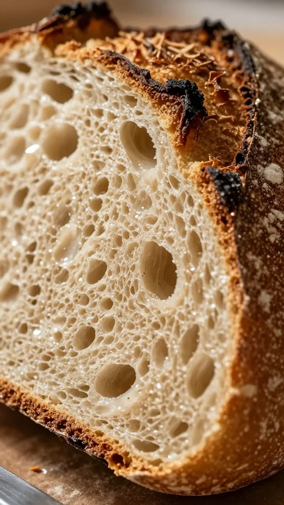 Extreme macro close-up of the sliced interior of a rustic wheat and rye boule, focusing on the open crumb structure: irregular holes, moist and slightly glossy interior contrasting with a thick, crackly, deeply browned crust edge, a few flour-dusted spots on the surface, dramatic raking light to highlight texture, background softly blurred, no butter, knives, or any other items present.