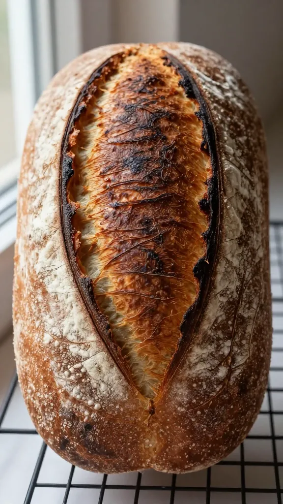 Extreme close-up of a tall, round high-rise crusty wheat loaf just out of the oven on a simple wire rack, no toppings or additions, deeply caramelized blistered crust with natural flour dusting in the score lines, steam still faintly visible, golden-brown to chestnut tones, strong ear from a single central slash, shallow depth of field, soft natural window light, rustic neutral background, no props except the rack.