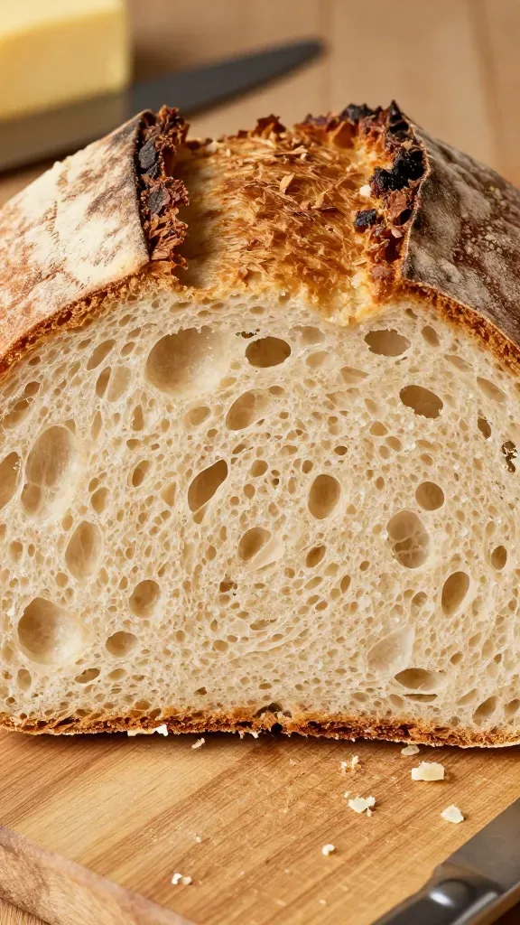 Cross-section close-up of the same wheat loaf sliced cleanly down the middle, showing a high domed profile and crackly crust with a shattering finish, interior crumb soft and springy with medium, irregular alveoli, warm beige hue from whole wheat, set on an unadorned wooden cutting board, crumbs scattered naturally, side-lit to emphasize texture, no butter, knives, or extra ingredients in frame.