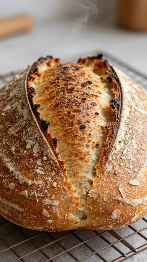 Extreme close-up of a freshly baked naturally leavened country batard on a wooden cooling rack, golden-brown blistered crust with deep ears and bold grigne from a single central score, steam still faintly rising, warm side light highlighting the crackly texture, no slices, no toppings, neutral rustic kitchen background slightly out of focus.