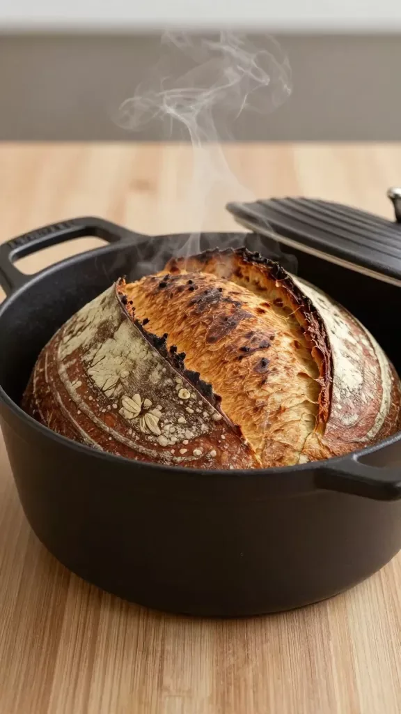Three-quarter angle of a whole artisan bran boule just out of a Dutch oven, still in the pot with the lid set aside, no additional ingredients. Emphasize steam wisps, dark golden crackly crust with bran flecks, bold ear from scoring. Matte black Dutch oven contrasts with the loaf; background is a simple stovetop or wooden counter, soft directional light, realistic color, high-resolution texture detail.