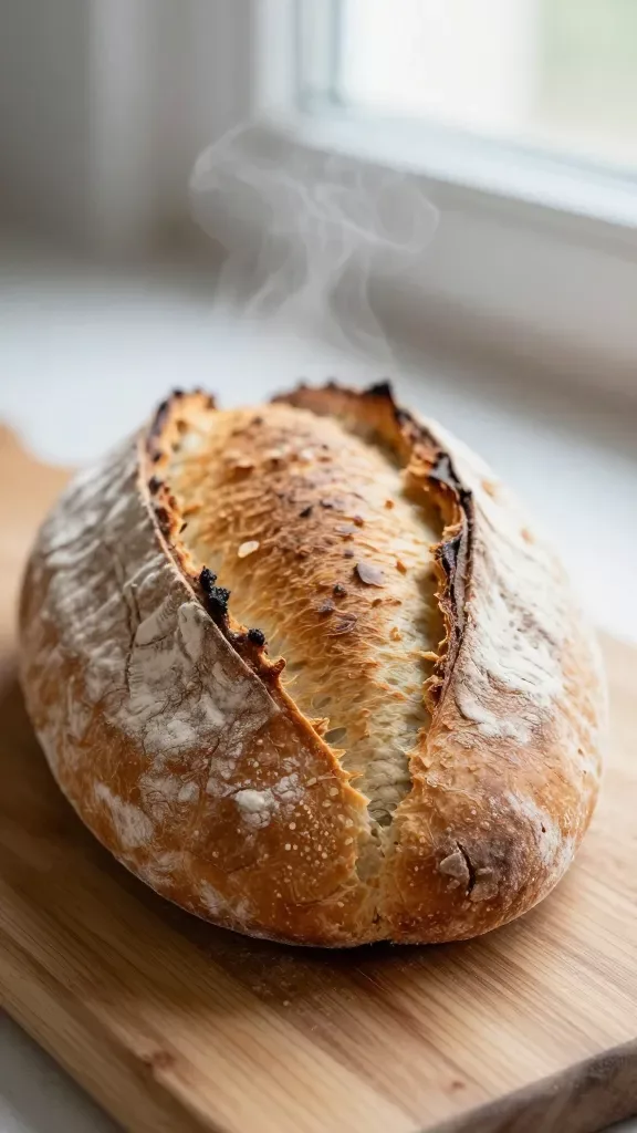Close-up of a freshly baked rustic wheat hearth batard on a wooden cutting board, blistered deep-golden crust with subtle flour dusting, visible ear from a single long slash, steam gently escaping, soft natural window light, shallow depth of field focusing on the crackled crust texture, no butter or props, neutral background.