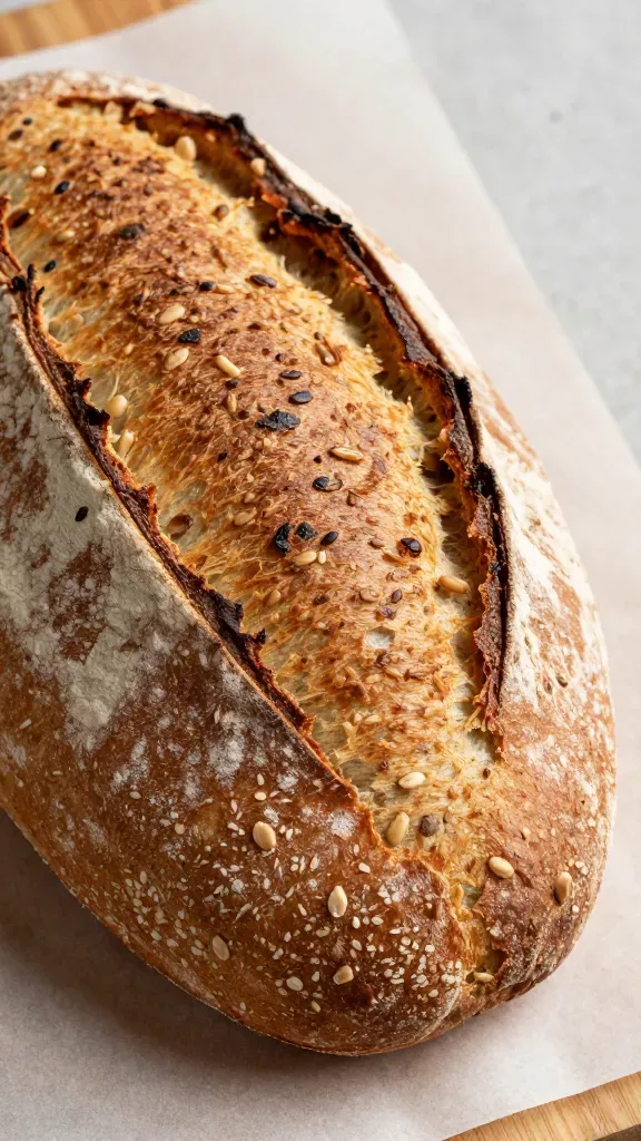 Extreme close-up of a freshly baked country-style grain batard on a parchment-lined wooden board, no slices, showcasing a deeply bronzed, shattery crust with natural blisters and light flour dusting; oval batard shape with visible whole grains and seeds baked into the surface; warm side lighting highlighting crisp texture and steam escaping from a single natural crack; neutral rustic background, no extra ingredients, no text.
