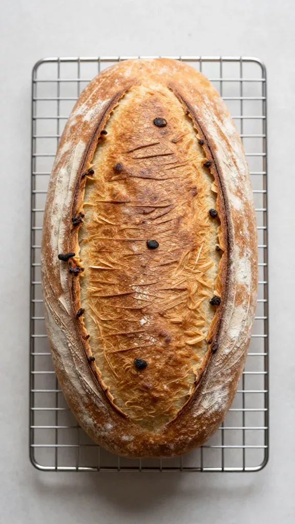 Overhead shot of a whole oval country-style grain batard cooling on a wire rack, emphasizing the rustic, artisanal scoring and bronzed, shattery crust; subtle flour dusting, small surface blisters, and an even bake; simple neutral background and soft window light; no toppings, no slicing, no props beyond the rack; clean, minimal composition, no text.