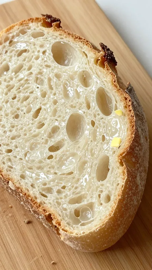 Macro slice view of the same hearth bread on a wooden cutting board, no butter, no knife, no extras. Focus on the open, irregular crumb with glossy cell walls and a thin, shattering crust edge. High-resolution detail of alveoli, soft interior showing slight sheen from proper hydration. Neutral background, soft side lighting to accent crumb structure, minimal crumbs scattered.