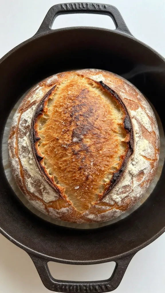 Overhead shot of a single round boule of rustic hearth bread in a cast-iron Dutch oven, parchment underneath, just pulled from the oven. No additional ingredients or props. Emphasize bold ear from a single center score, blistered golden-brown crust with light flour dust. Gentle natural light, subtle steam, dark matte Dutch oven providing contrast, clean, uncluttered scene.