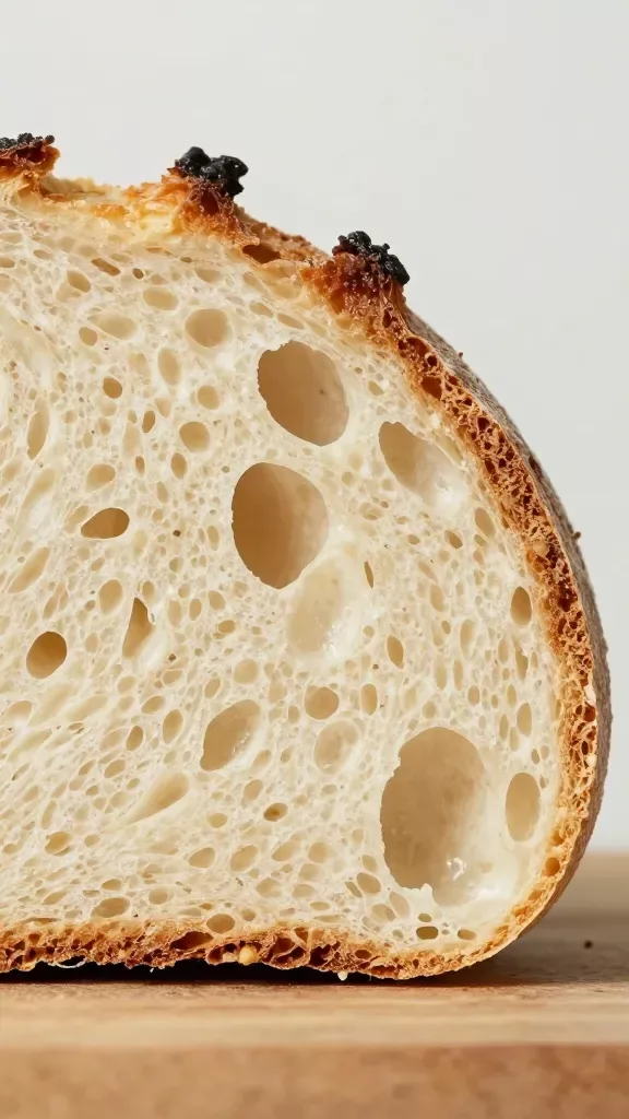 Cross-section close-up of the same slow-fermented rustic loaf sliced in half, focusing on the creamy, open crumb with large irregular holes and a caramelized crust edge, no butter, knives, boards, or props visible, neutral background, soft diffused daylight from the side, macro detail highlighting moisture and structure, minimalist composition.