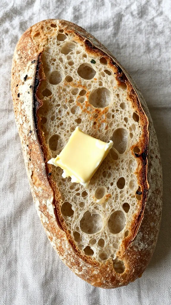 Side-angle close-up of a hand-torn country bread piece, showcasing chewy, irregular holes in the crumb and a shattering, blistered crust; a small curl of butter resting on the warm crumb and partly melted, glistening; set on a simple linen, muted tones, natural light emphasizing texture, no additional foods or garnishes.