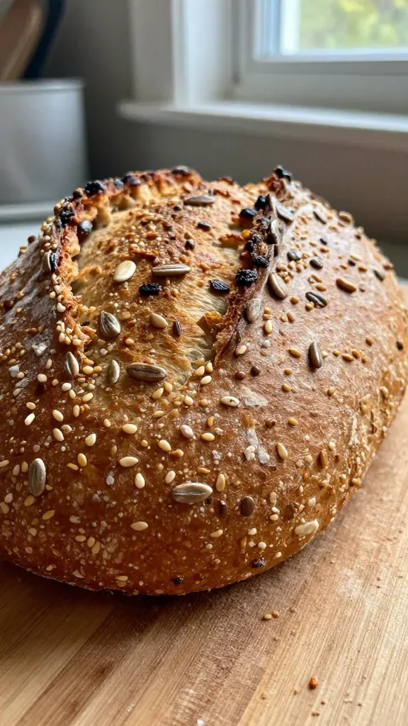 Ultra-detailed close-up of a freshly baked rustic bran and seed loaf on a wooden cutting board, whole and unsliced, golden-brown crackly crust with visible toasted seeds (sunflower, pumpkin, sesame) embedded on the surface, subtle flour dusting, warm natural window light, shallow depth of field, no butter, no spreads, no extra ingredients, cozy kitchen background softly blurred.
