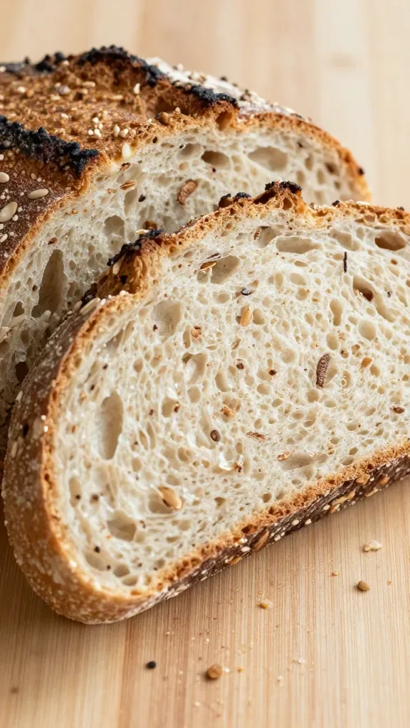 Macro shot of two slices cut from a rustic bran and seed loaf, angled to showcase the crumb: tender, slightly moist interior with visible wheat bran flecks and evenly dispersed seeds, crisp well-browned crust with tiny blisters, crumbs on the board, natural daylight, minimal rustic backdrop, no toppings or plates, pure bread focus.