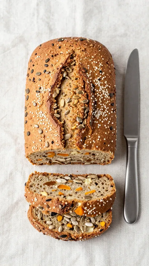 Overhead view of a single rustic bran and seed loaf partially sliced, the knife resting nearby but not cutting, highlighting the contrast between the golden crackly crust and the seeded interior, seeds limited to sunflower, pumpkin, and sesame only, neutral linen underneath, soft diffused daylight, clean composition with no butter, jam, or additional foods.