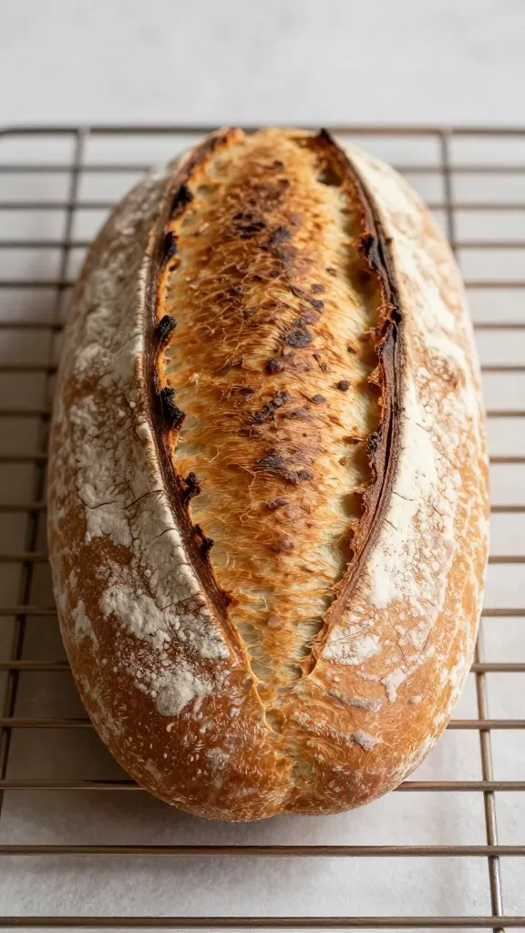 Close-up of a freshly baked rustic farmhouse batard loaf on a wooden cooling rack, golden-brown blistered crust with deep, natural ear from a single long slash, fine flour dusting, visible crackling texture, warm afternoon light, shallow depth of field, no butter or extras, just the whole batard centered with a clean, neutral background.