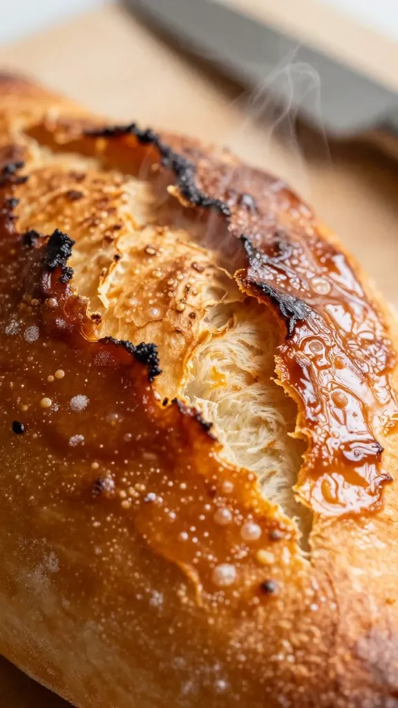 Macro shot of the batard’s crust shattering as it cools, tight focus on the glossy, caramelized surface with micro blisters and crack lines, light flour bloom in crevices, steam haze subtly visible, warm side lighting emphasizing texture, background softly blurred, no knives, boards, or added ingredients—only the crust detail of the batard.