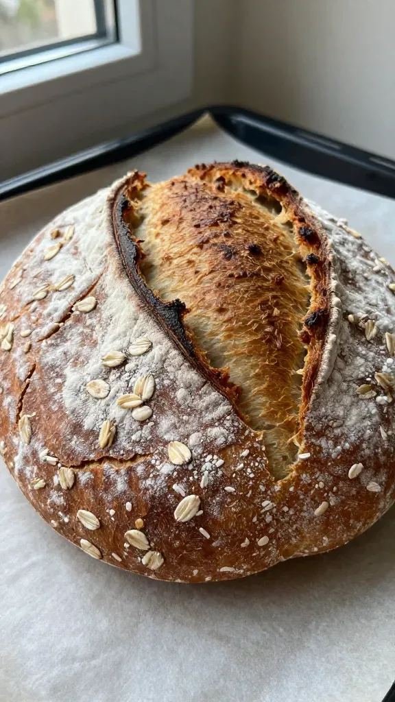 Ultra-closeup of a freshly baked round wheat and oat hearth loaf on a parchment-lined baking sheet, rustic crackled crust dusted lightly with flour, visible toasted oat flecks on the surface, warm golden-brown color, natural window light from the side, shallow depth of field focusing on the crust texture, no slices, no extra props, neutral background.