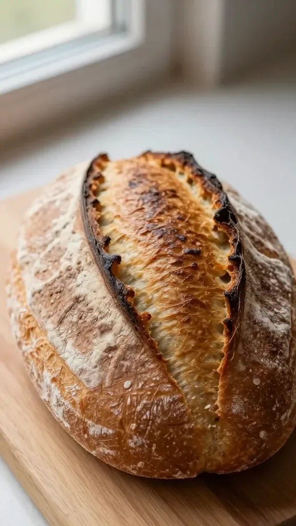 Close-up of a freshly baked heritage grain batard on a wooden board, oval loaf with a deep golden-brown, burnished crust, well-developed ears from a single central score, light dusting of flour, visible blistering, no toppings or extras, warm natural window light, shallow depth of field highlighting the crust texture, neutral background, high-resolution food photography.