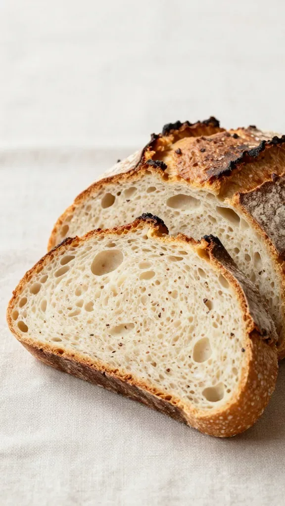 Sliced heritage grain batard showing open, irregular crumb structure, two slices fanned slightly in front of the remaining loaf, crust thick and crackly with caramelized edges, crumb creamy-tan with tiny flecks from whole grains, no butter or spreads, shot on a linen-draped surface with soft side lighting, macro detail, minimalist styling.