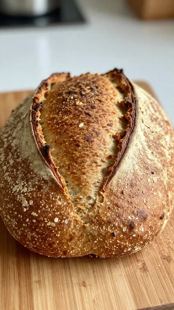 Close-up of a freshly baked rustic bran country loaf on a wooden board, focus on a deep golden-brown, blistered crust with fine crackles, visible wheat bran flecks in the crust, natural light from the side, no toppings or extras, shallow depth of field, warm tones, background softly blurred kitchen counter.