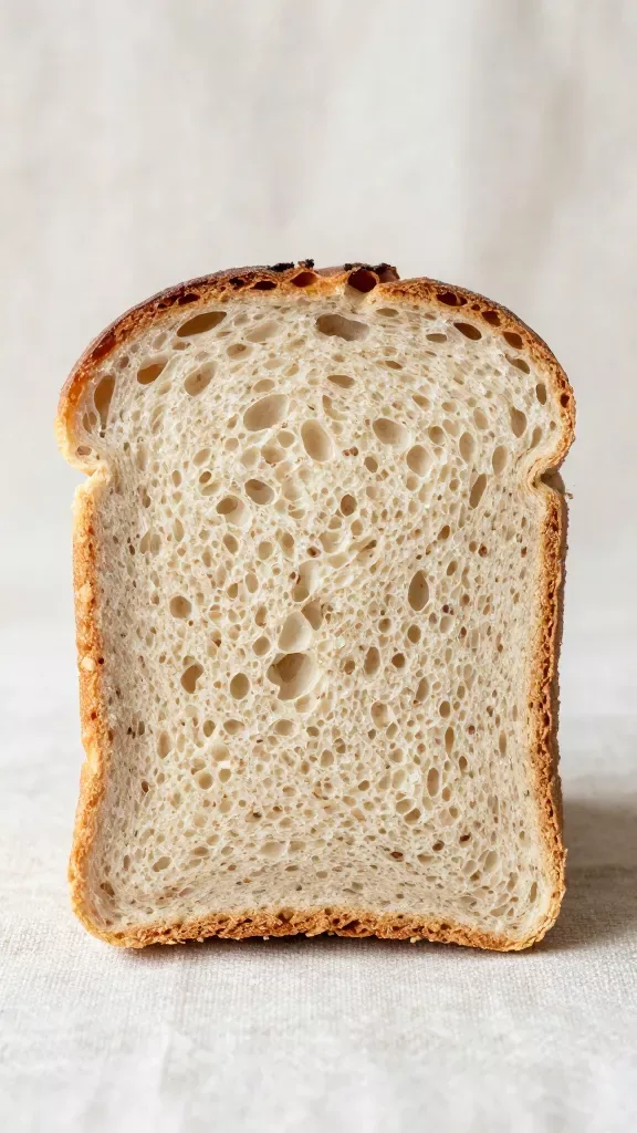 Macro shot of a single thick slice of rustic bran bread standing upright, showing an open, tender crumb with small to medium irregular holes and visible bran speckles, crisp caramelized crust edge in frame, neutral linen backdrop, soft daylight, no butter or spreads, clean minimal composition.