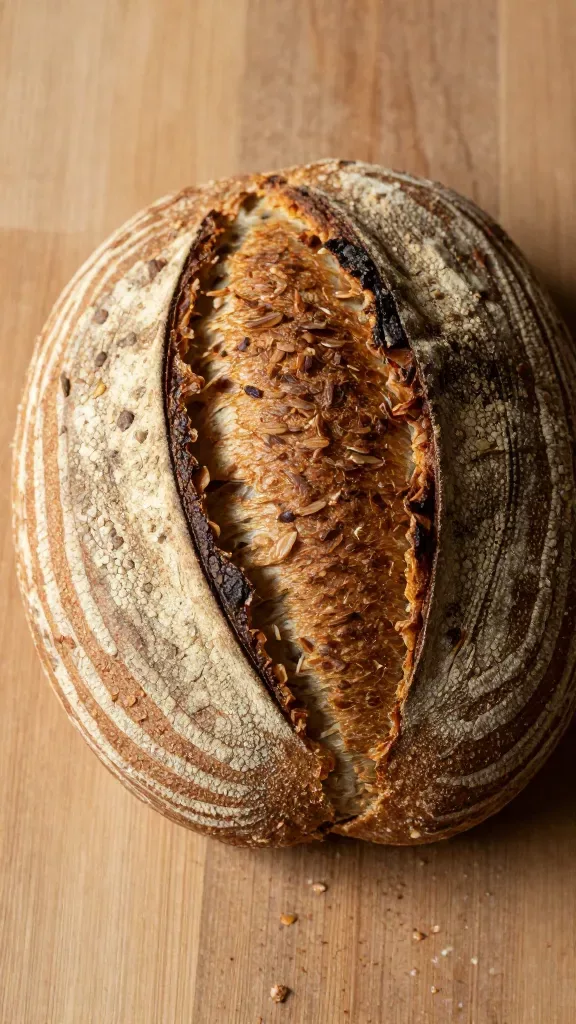 Overhead close-up of the whole rustic bran boule partly torn open to reveal the moist, chewy crumb and bran-flecked interior, scattered fine crumbs around on a bare wooden surface, warm directional light highlighting the crust’s crackle, no knives, plates, or garnishes, natural rustic aesthetic.