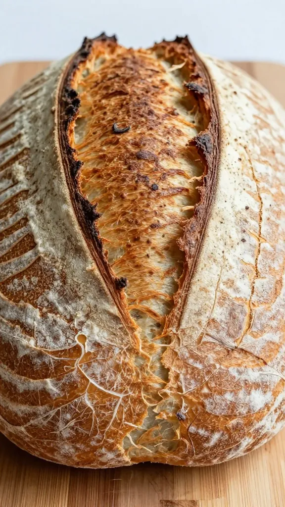 Extreme close-up of a freshly baked naturally leavened white sourdough loaf on a simple wooden board: crisp, thin, blistered golden-brown crust with delicate cracks, no toppings or additions, soft natural light from the side, shallow depth of field emphasizing the crust texture, neutral background, high-resolution food photography.