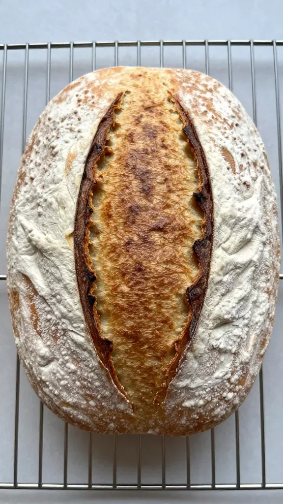 Overhead shot of a single naturally leavened white boule just out of the oven: lightly floured surface with a simple central score, even golden crust with subtle micro-blistering, resting on a wire rack, neutral background, no garnish or props beyond the rack, natural window light, high-detail, realistic color and texture.