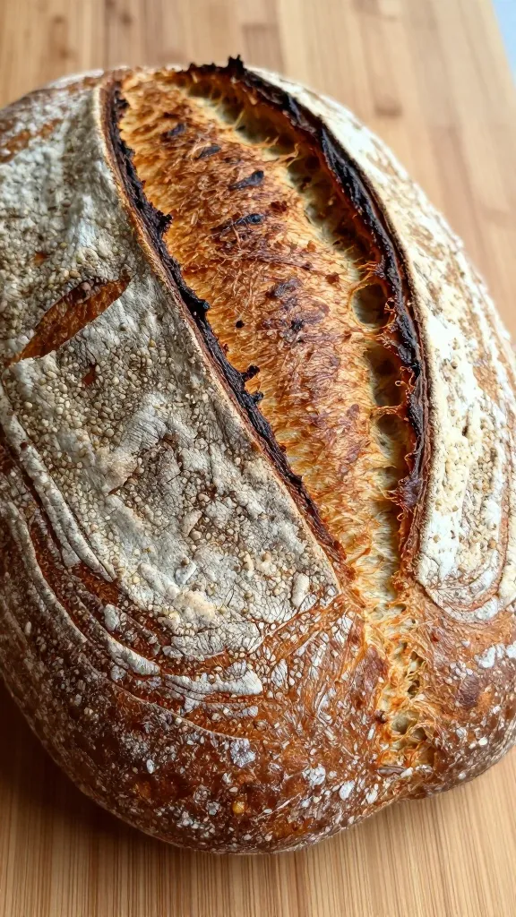 Close-up of a freshly baked stoneground spelt boule on a wooden board, warm natural light from the side, deeply caramelized rustic crust with pronounced flour-dusted scoring, visible toasty speckling from stoneground spelt, crisp crackles on the surface, no garnish or additional items, shallow depth of field focusing on the crust texture.
