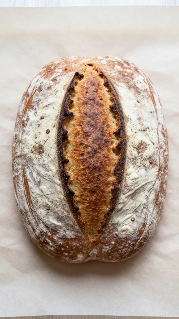 Overhead shot of a whole stoneground spelt boule just out of a Dutch oven, on parchment, rustic ear from a single central score, evenly browned crust with light flour dusting, small blisters and crackles, minimal scene with only the loaf and parchment, soft window light, no added ingredients or props.