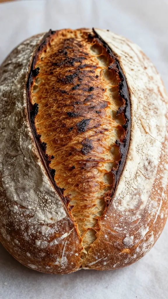 Ultra-closeup of a freshly baked rustic wheat loaf on a parchment-lined surface, no slices, showing a deeply caramelized, blistered crust with natural flour dusting, dramatic oven spring and ear from a single central score, warm light highlighting crackly texture, shallow depth of field, no props, no extra ingredients, neutral background.