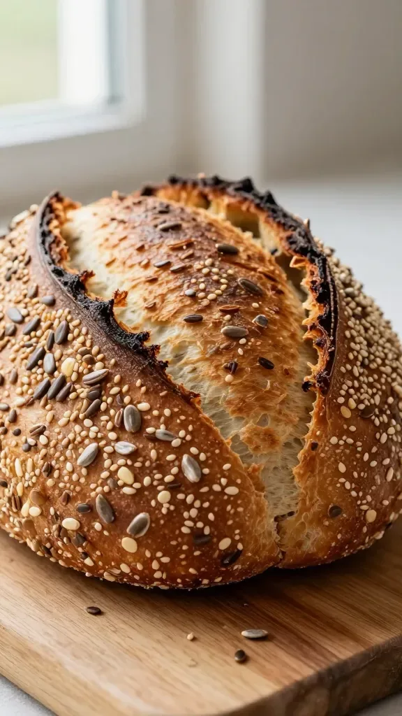 Extreme close-up of a freshly baked seeded boule on a rustic wooden board, focus on the crackly, blistered crust with a deep golden-brown color, sesame, sunflower, and flax seeds visibly toasted and embedded across the surface, a few scattered seeds on the board, shallow depth of field, natural window light from the side, no slices, no butter, no extras, simple neutral background.