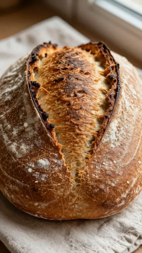 Extreme close-up of a freshly baked rustic emmer (farro) wheat boule on a simple linen cloth, focus on the deep golden-brown, blistered, crackly crust with natural scoring, light flour dusting, tiny steam fissures visible as it cools, warm late-afternoon window light, shallow depth of field, no butter, no toppings, no extra ingredients, neutral farmhouse background.