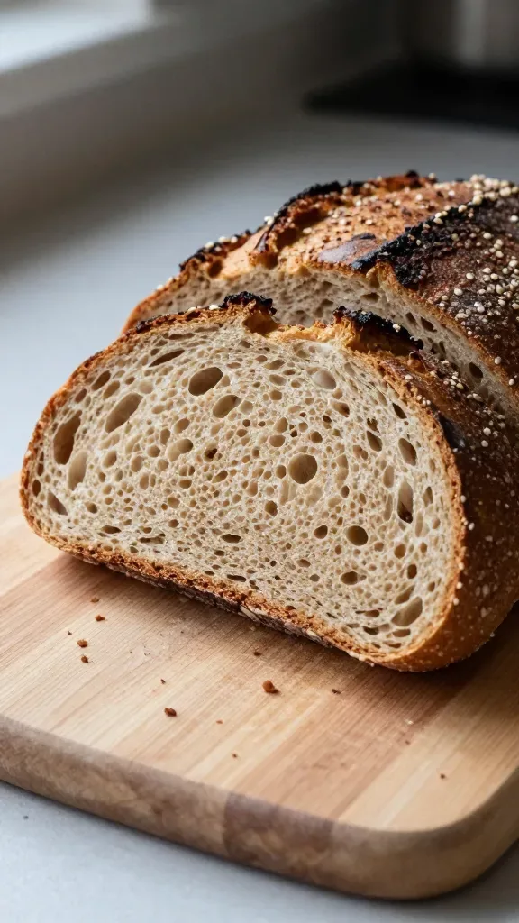 Sliced rustic emmer wheat loaf on a wooden cutting board, tight crop showing the tender, hearty crumb with small to medium irregular holes and a caramelized crust, one slice leaning to reveal texture, a few natural crumbs scattered, soft natural daylight from the side, muted kitchen setting, no spreads, no add-ins, no seeds or extra ingredients.