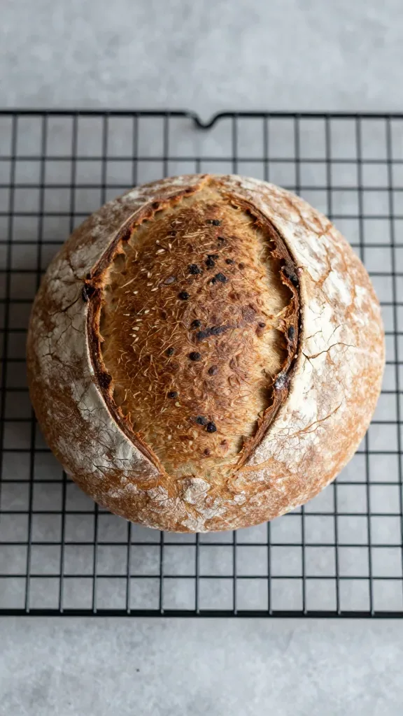 Overhead shot of a single whole rustic emmer wheat round loaf just out of the oven, on a wire cooling rack, emphasis on the crackly, singing crust and subtle flour bloom, gentle shadows, minimal rustic kitchen backdrop, neutral tones, no garnishes, no utensils except the rack, no additional ingredients present.