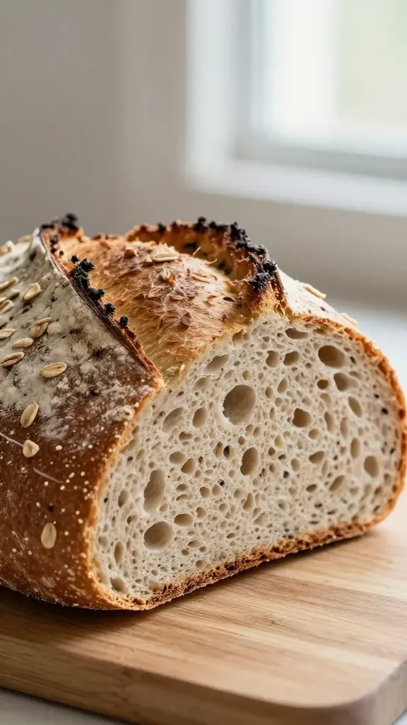 Close-up of a freshly baked round artisan loaf of three-grain bread (wheat, rye, and oats), on a simple wooden board. Deep golden-brown, blistered crust with light flour dusting; visible scattered rolled oats baked onto the surface. A clean slice cut from the loaf reveals a tender, open crumb with small to medium irregular holes and subtle darker flecks from rye. Soft natural window light, shallow depth of field, neutral background, no additional ingredients or props.