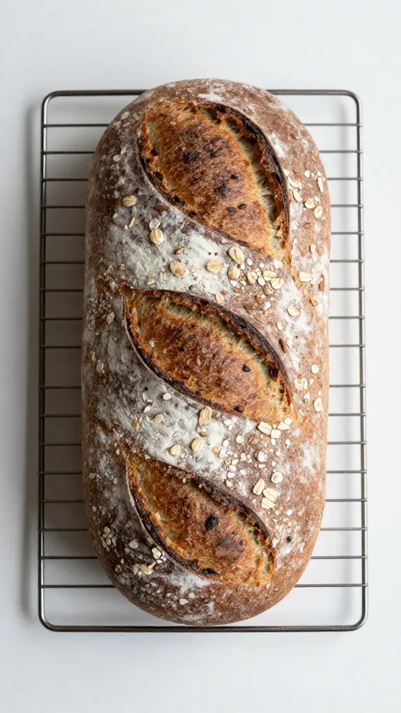 Overhead shot of a rustic batard-shaped three-grain loaf cooling on a simple wire rack. The crust is deeply browned with natural scoring, light dusting of flour, and a sprinkle of baked-on oats. One end has a clean end-cut showing the open, slightly glossy crumb with multigrain speckles. Minimal scene: plain light background, gentle shadows, no knives, no plates, no added foods.