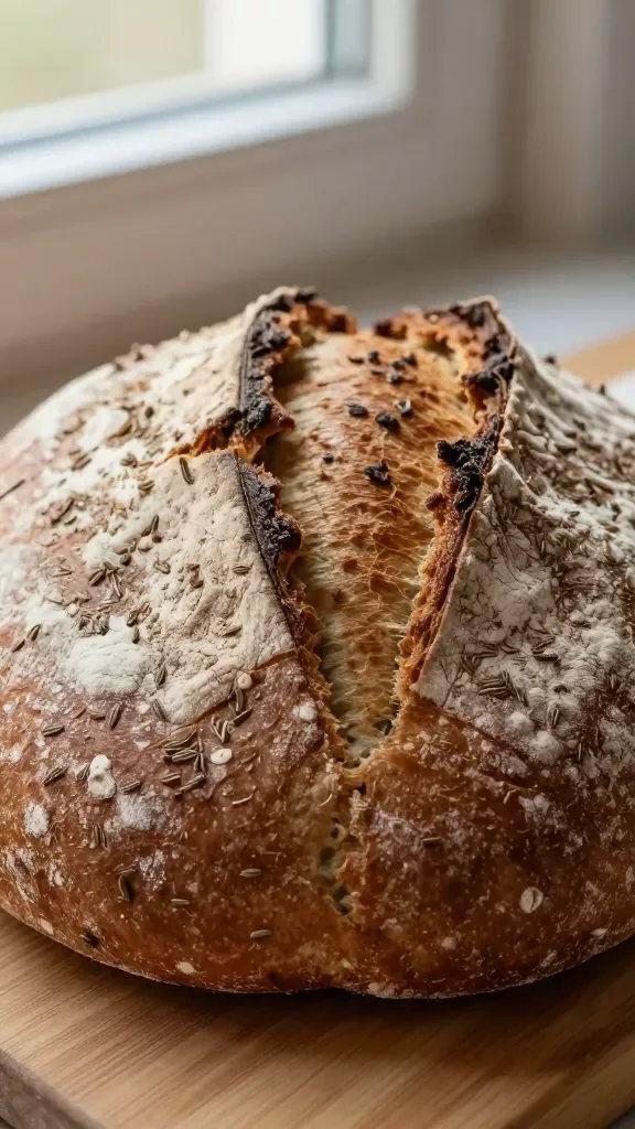 Extreme close-up of a freshly baked rye and caraway country loaf, rustic round boule on a simple wooden board, deeply blistered crackly crust dusted lightly with flour, visible caraway seeds on the surface, warm natural window light, shallow depth of field highlighting crust texture, neutral background, no extra ingredients or garnishes