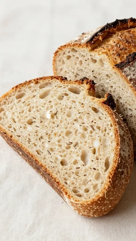 Sliced rye and caraway country loaf close-up, one thick slice lying flat with open moist tender crumb, small even air pockets, flecks of caraway seeds visible throughout the slice, the remaining boule partially sliced beside it, soft side lighting to emphasize crumb structure and crust contrast, plain linen underneath, no butter, no spreads, no props
