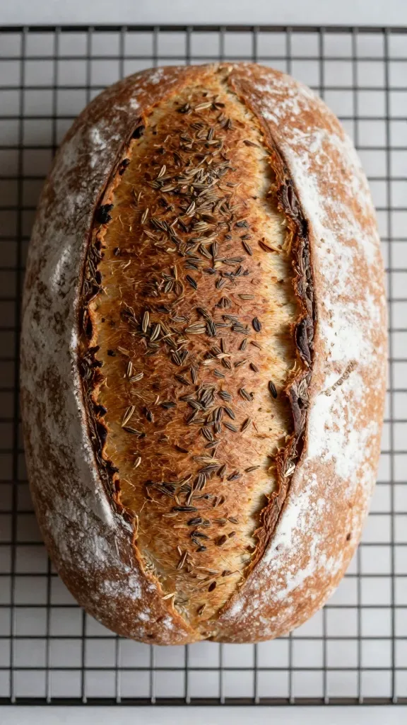 Overhead close-up of the whole rye and caraway country loaf cooling on a simple wire rack, rustic scoring pattern centered, light dusting of flour accentuating the cracks, caraway seeds subtly embedded on top, warm bakery-like lighting, muted backdrop, no knives, no plates, no additional foods