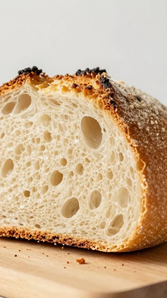 Tight macro shot of the interior crumb of a sliced malted wheat hearth bread, one thick slice leaning against the remaining loaf, showcasing an open, tender crumb with translucent alveoli and toasty golden-brown crust edges, crumbs scattered on the board, soft morning light, neutral background, no butter, no toppings, just bread.