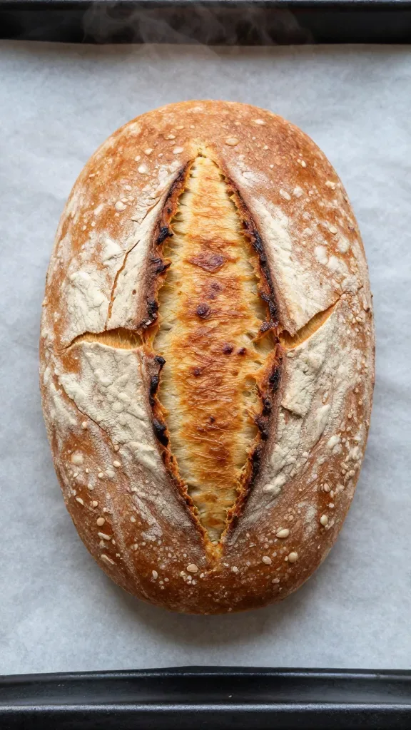 Overhead view of a whole malted wheat boule just out of the oven on parchment, boldly caramelized crust with slight speckling from malted wheat, rustic flour pattern, simple single slash across the top with pronounced ear, light steam still visible, minimal scene with only a dark baking steel or stone beneath, no additional ingredients or utensils.
