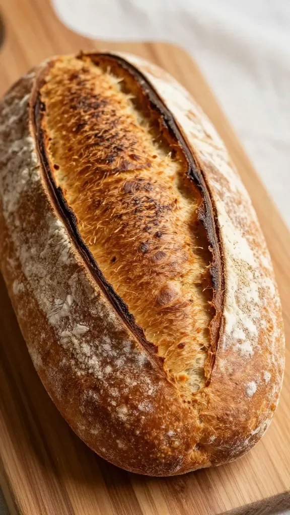 Extreme close-up of a freshly baked rustic batard loaf on a wooden cutting board, Parisian bakery style: deep golden-brown, blistered crust with light flour dusting, elongated oval shape with a single bold central slash, crackly surface catching warm morning light, shallow depth of field, no toppings or extras, no knife, neutral linen in background, high-resolution food photography.