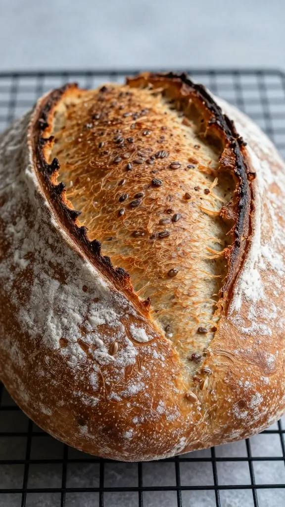 Extreme close-up of a freshly baked ancient grain boule on a dark cooling rack, golden-brown crust deeply blistered and crackled, micro-bubbles and flakes catching warm side light, a light dusting of flour on the surface, visible specks from spelt/rye/einkorn in the crust, shallow natural split on top from oven spring, softly blurred neutral background, no other foods or props, high-resolution food photography, soft directional lighting, moody yet clean.