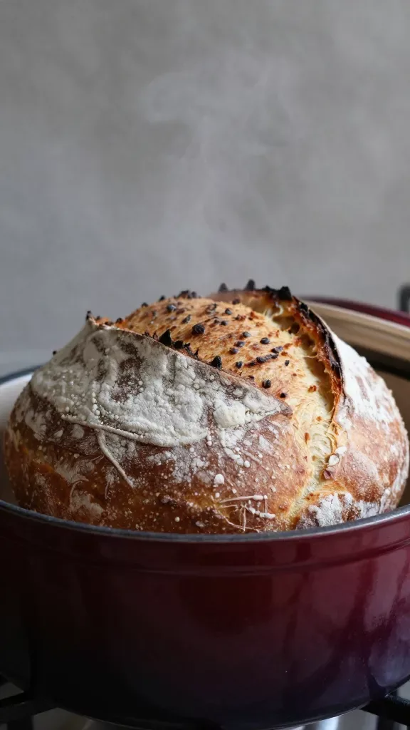 Three-quarter angle of a whole ancient grain boule just lifted from a preheated Dutch oven, resting on the pot’s edge with the lid off to show steam dissipating, boule round and rustic with a well-developed, blistered crust and a light flour bloom, neutral kitchen backdrop out of focus, no additional foods or garnishes, soft contrast and shallow depth of field to emphasize the crust’s texture.