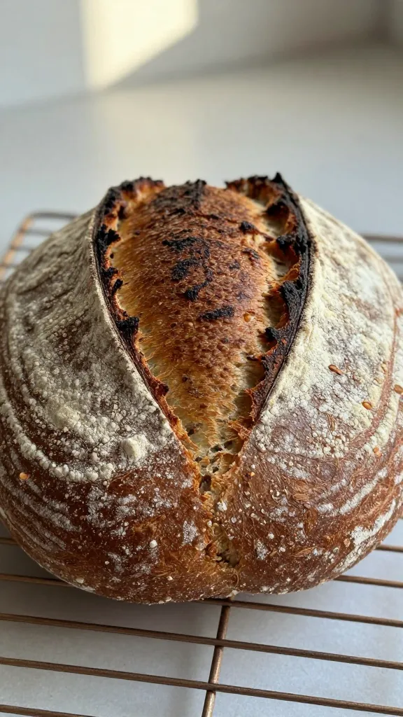 Close-up of a freshly baked buckwheat country bread loaf on a wooden cooling rack, rustic artisan style with a deeply browned, blistered crust dusted lightly with buckwheat flour; the loaf is round, with natural ear from a single central score, warm window light, shallow depth of field focusing on the crackled crust texture, neutral kitchen background, no added ingredients or props.