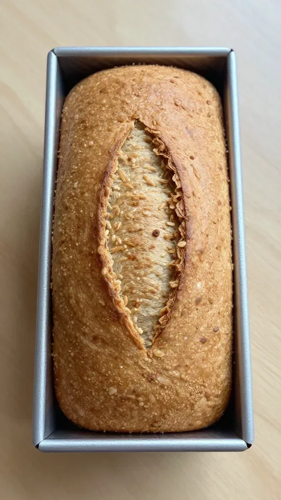 Overhead view of a full sprouted grain sandwich loaf in a standard loaf pan just after baking, loaf lifted slightly to show the straight sides and rounded top; surface uniformly golden with fine grain texture, no seeds or toppings; simple wooden countertop, gentle morning light, no additional ingredients or garnishes.