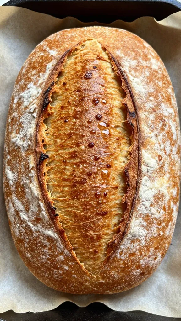 Overhead close-up of a whole rustic durum wheat loaf just out of the oven on parchment, deep scored ear, glossy golden crust with tiny bubbles and flour dusting, rich sunny hue peeking through a small natural crack, warm kitchen light, cast-iron dutch oven edge slightly visible, no additional ingredients