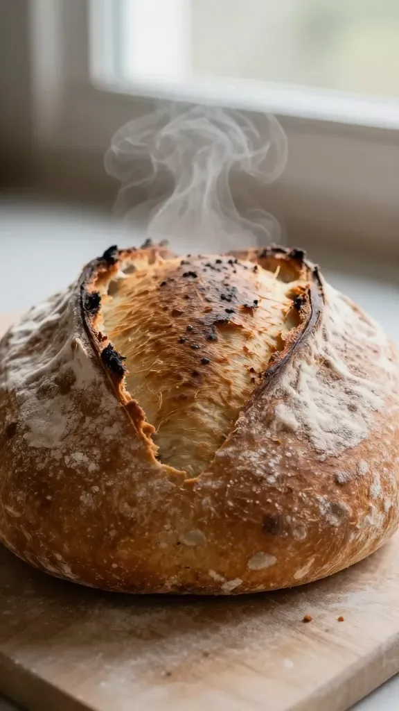 Close-up of a rustic hearth-baked whole wheat round loaf just out of the oven on a bare baking stone, golden-brown crust with light blistering and a dusting of flour, visible steam gently curling from a small natural tear in the crust, no knife or cutting board, soft morning window light, shallow depth of field, warm tones, no added ingredients or garnishes.