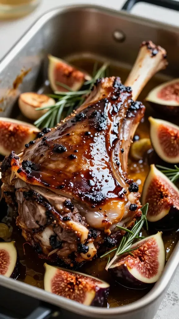 Extreme close-up of a rustic oven-baked lamb shoulder in a shallow roasting pan, coated in a glossy balsamic reduction with softened halved figs nestled around the meat, visible caramelized edges on the lamb, a few browned garlic slices and sprigs of rosemary tucked beside it, rich pan juices glistening, warm natural kitchen light, shallow depth of field, no text.
