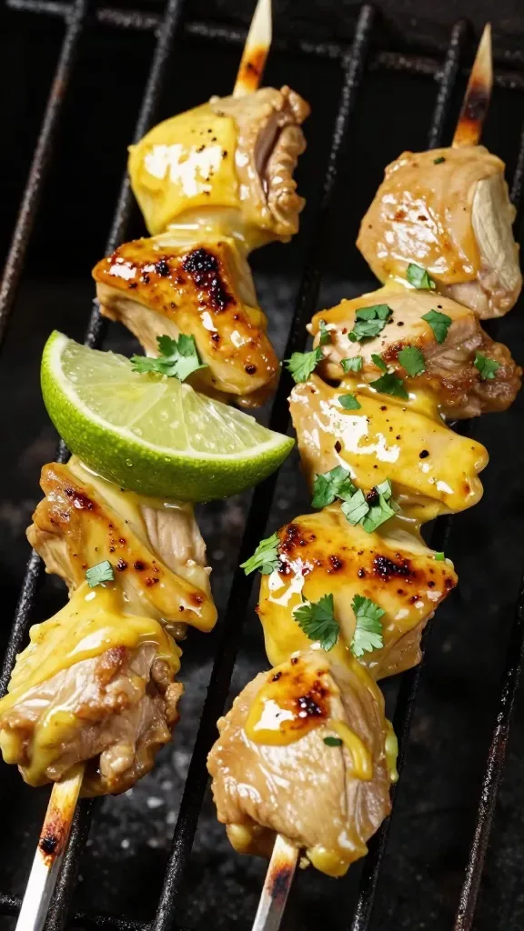 Overhead close-up of skewered turkey chunks just lifted from the grill, coated in a thick coconut curry marinade—silky pale-gold sauce clinging to the meat with subtle grill marks; a light squeeze of lime juice beading on the surface, a sprinkle of finely chopped cilantro; clean dark background, high contrast, no additional ingredients or sides.