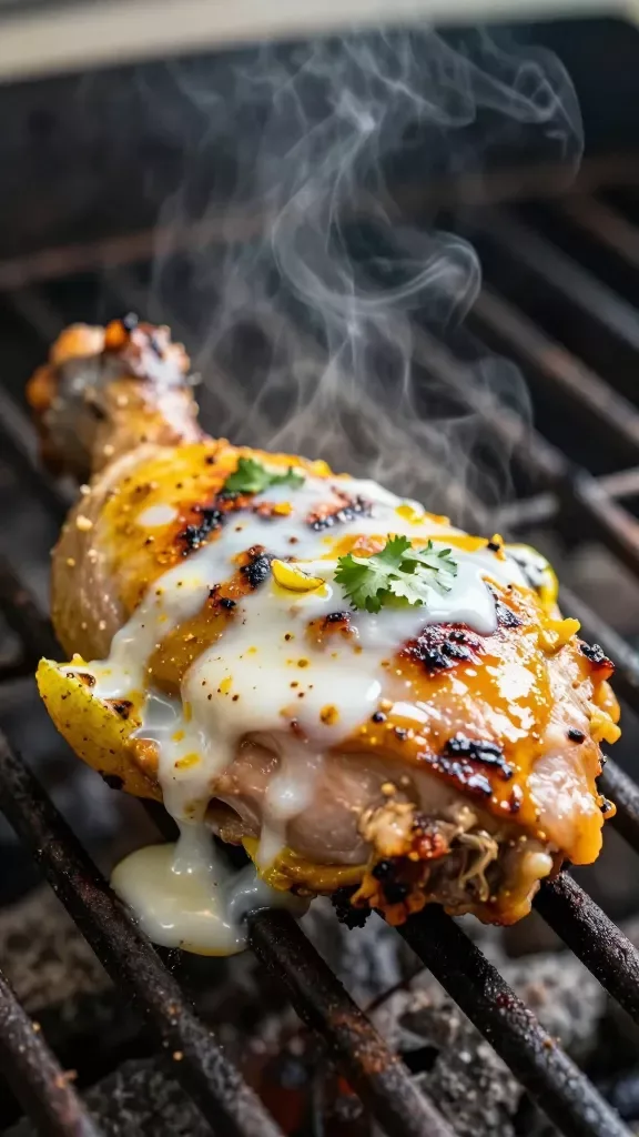 Macro shot of a single grilled turkey thigh piece brushed with coconut curry sauce mid-baste, glossy coconut milk glaze pooling in the grill’s sear lines, gentle char, steam rising; micro flecks of curry powder visible, a few tiny cilantro leaves and a hint of lime zest; soft natural daylight, minimal styling, no other foods present.