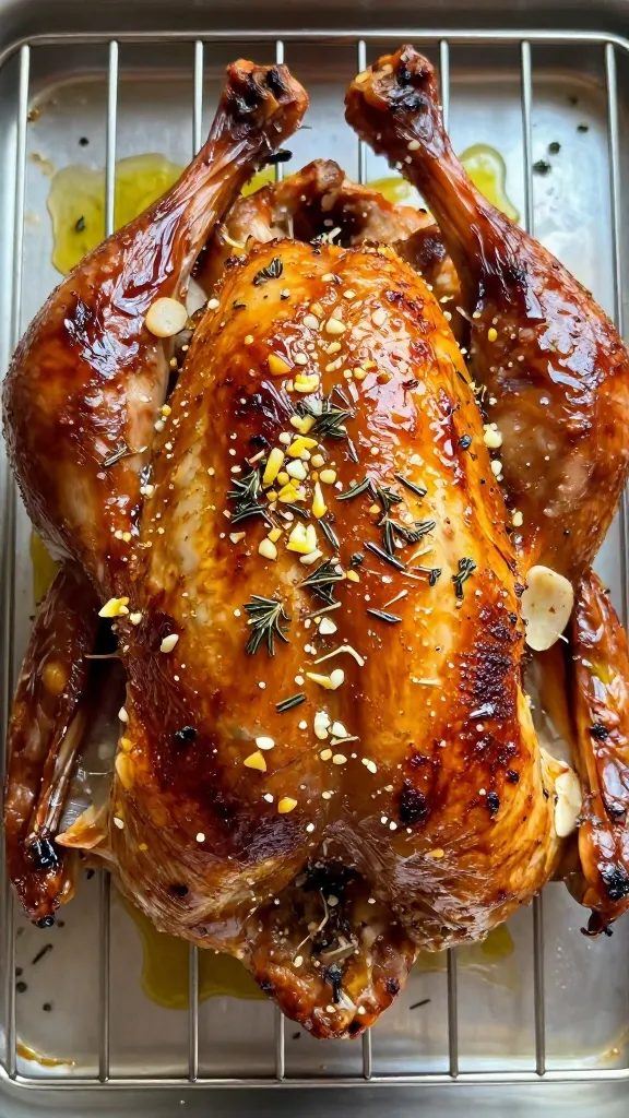 Overhead closeup of a small whole roasted turkey with deeply caramelized, golden-brown skin brushed with olive oil and studded with finely minced garlic, rosemary, thyme, and lemon zest; a few visible slivers of garlic under blistered skin; subtle sheen of reduced pan drippings around the bird; simple metal roasting rack and pan, no vegetables, no extra herbs strewn, no text.